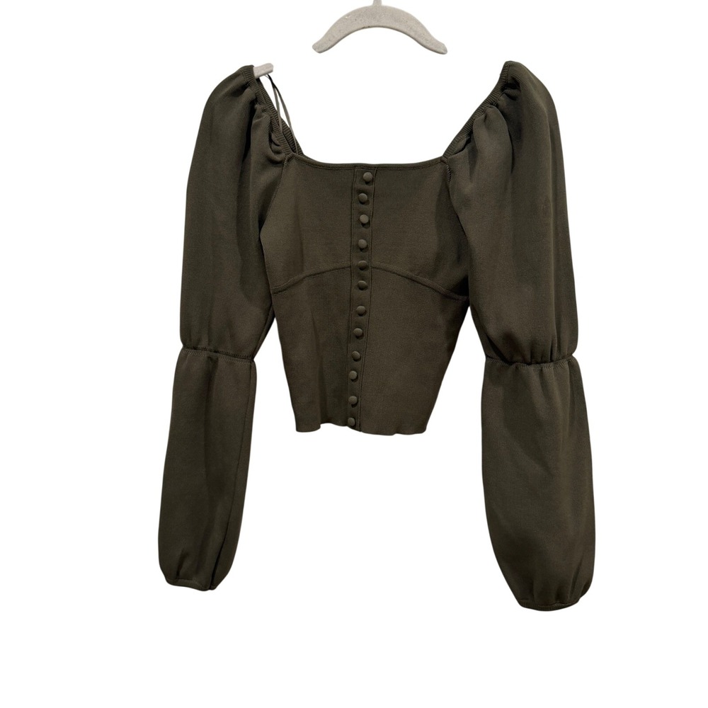 ZARA Olive Green‎ Puff Sleeve Button Front Ribbed Knit Top Small